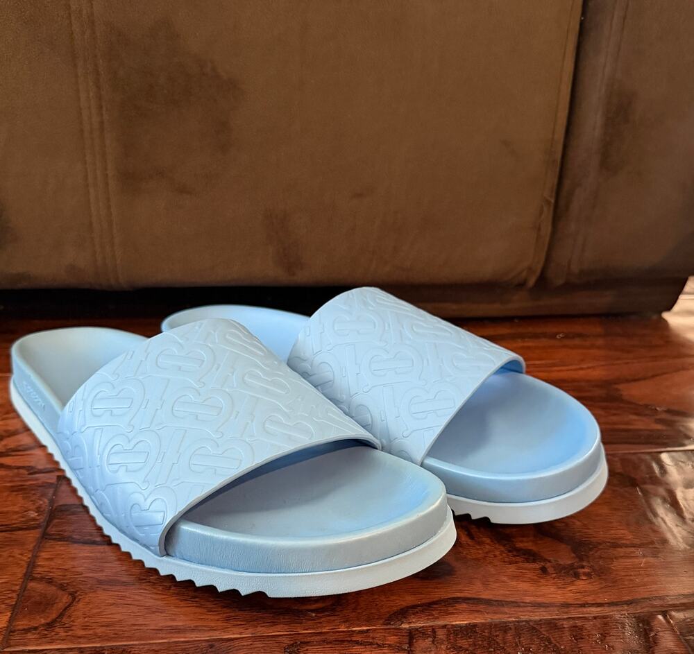 $790 NIB BURBERRY Vivid Cobalt Melroy TB Monogram-Embossed Slides Size 12(45)